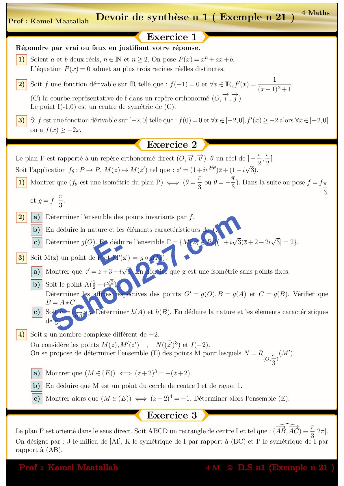 Devoir de synthèse n°1 (exmp 21) 4ème Maths Mr Maatallah K 25 26